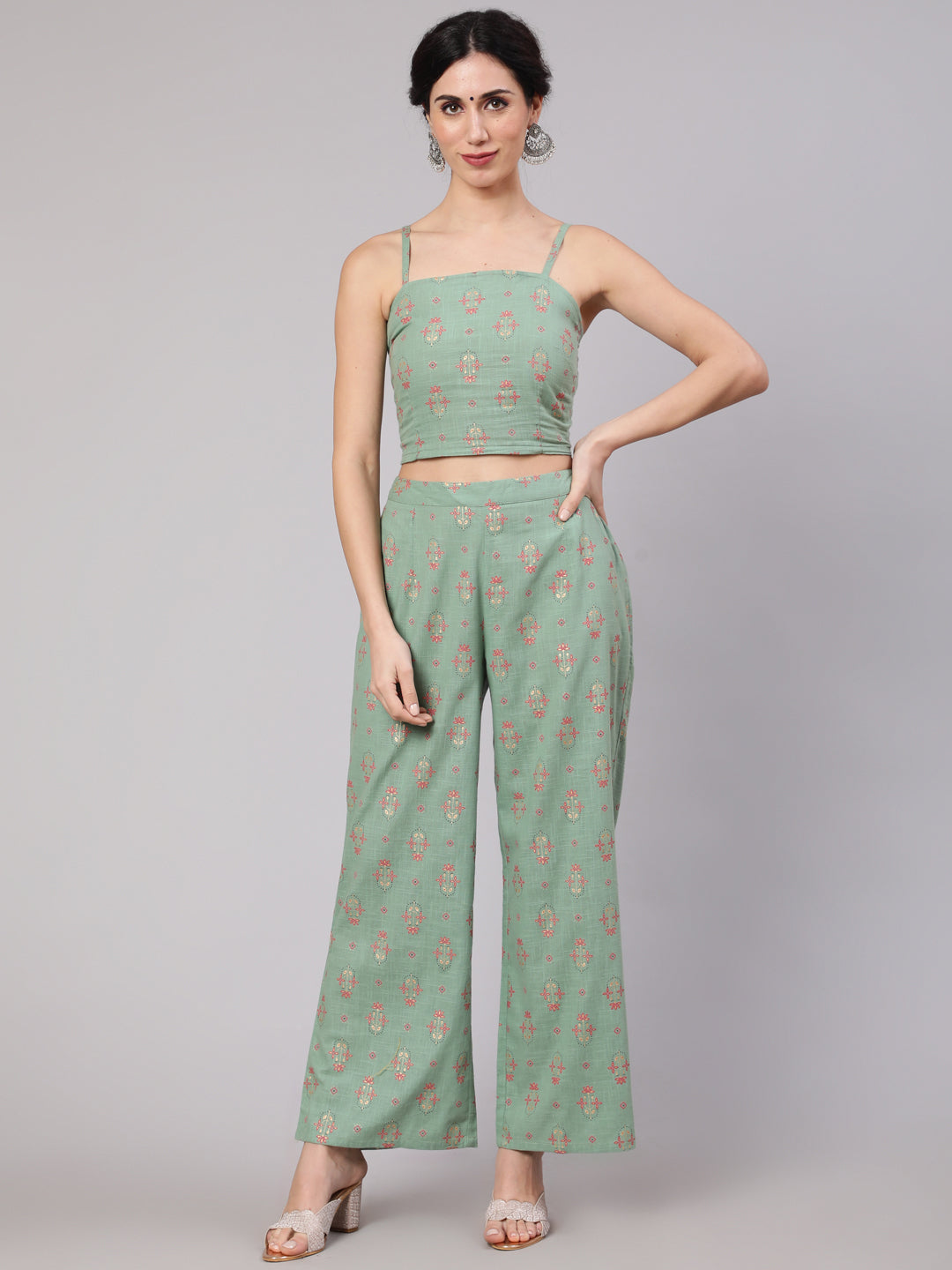 Women's Sea Green Floral Co Ord Set With Jacket