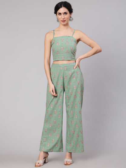 Women's Sea Green Floral Co Ord Set With Jacket