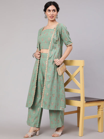 Women's Sea Green Floral Co Ord Set With Jacket