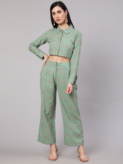 Women's Sea Green Floral Print Co Ord Set