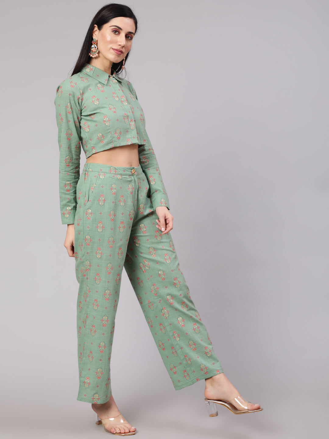 Women's Sea Green Floral Print Co Ord Set