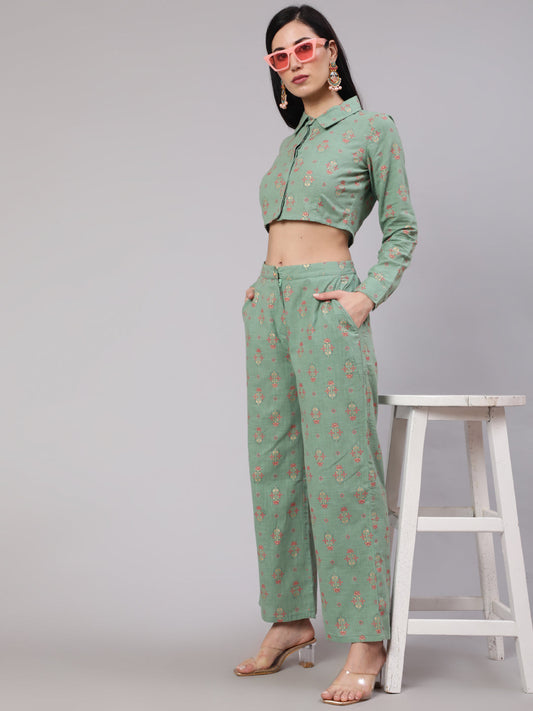 Women's Sea Green Floral Print Co Ord Set