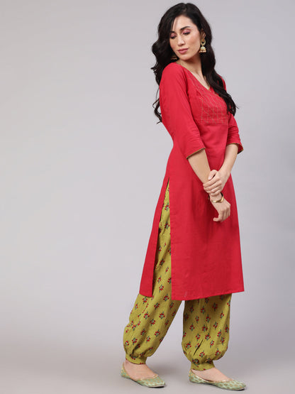 Women's Red Straight Kurta Balloon Palazzo With Dupatta