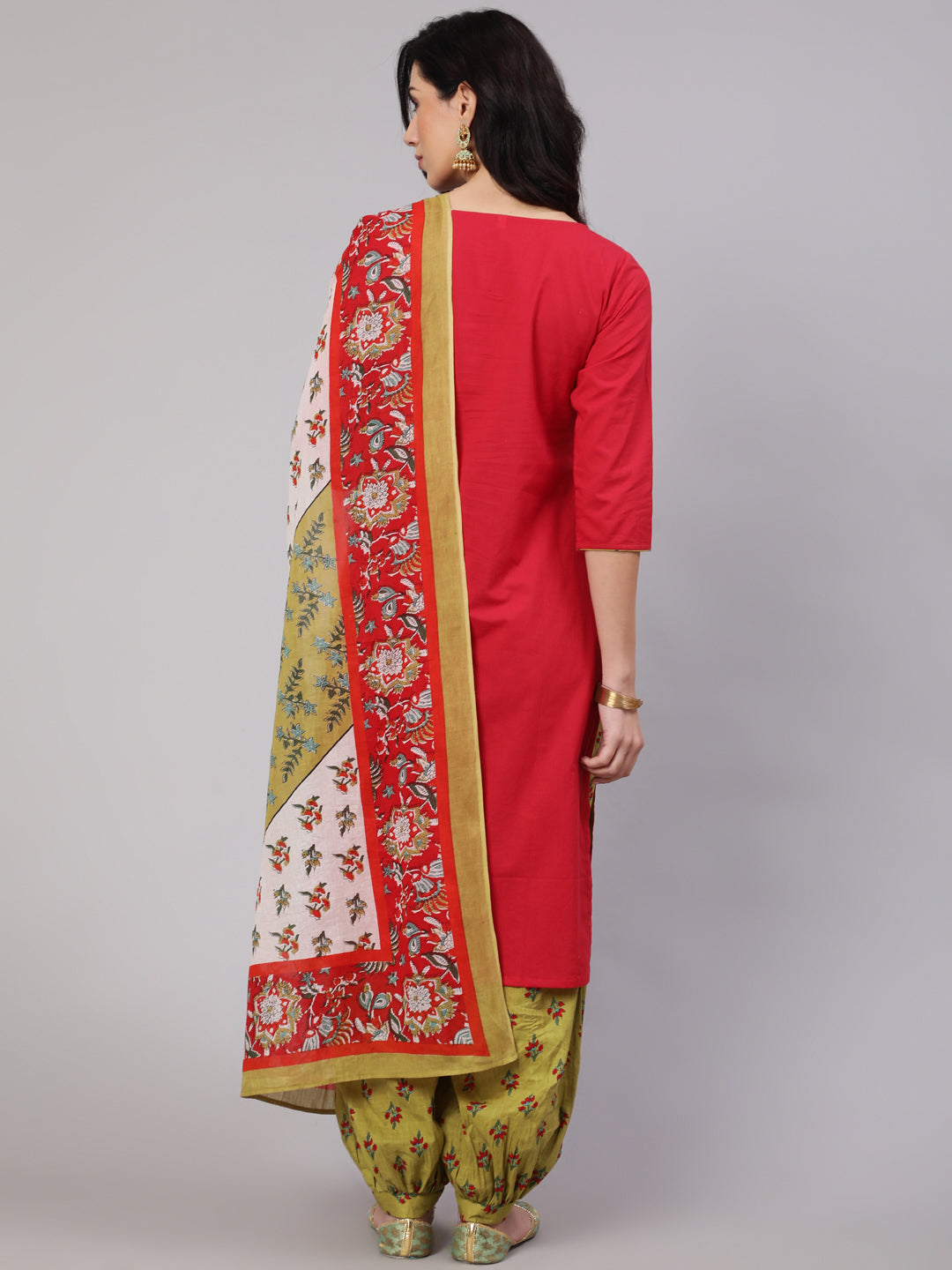 Women's Red Straight Kurta Balloon Palazzo With Dupatta