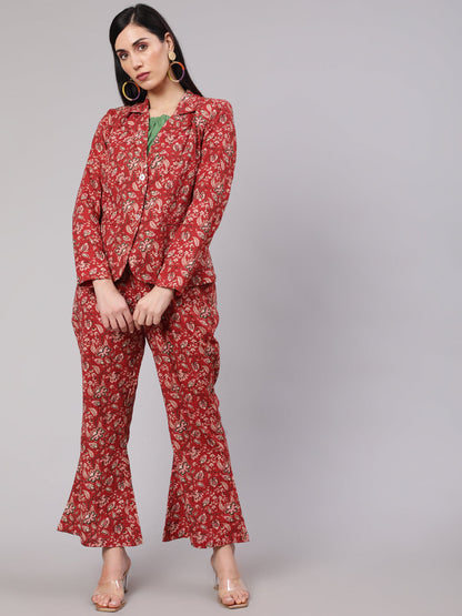 Women's Red Floral Kantha Co Ord Set