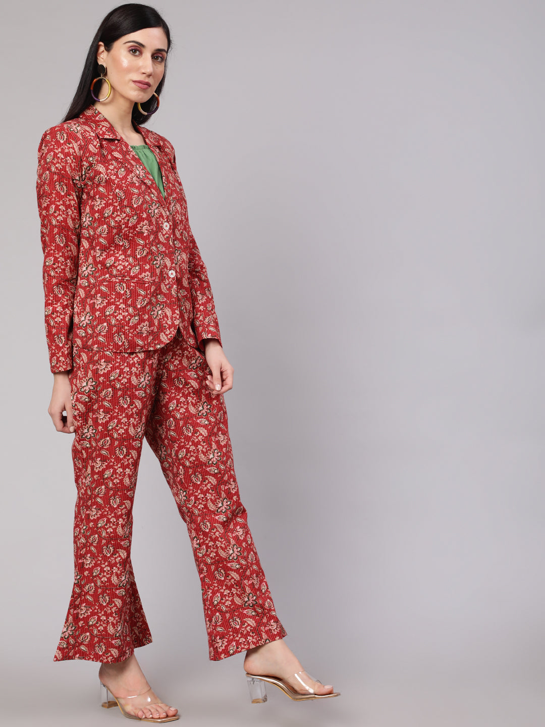 Women's Red Floral Kantha Co Ord Set