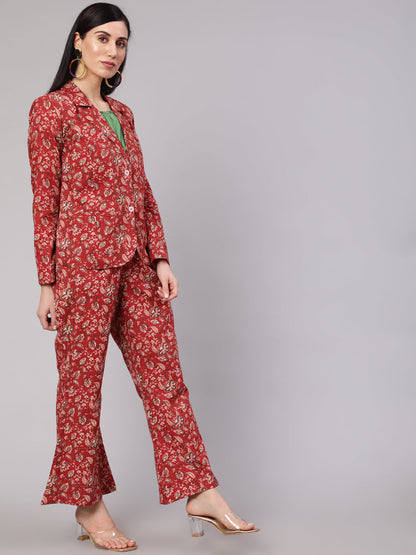 Women's Red Floral Kantha Co Ord Set