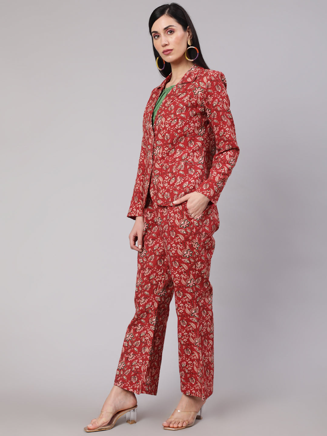 Women's Red Floral Kantha Co Ord Set