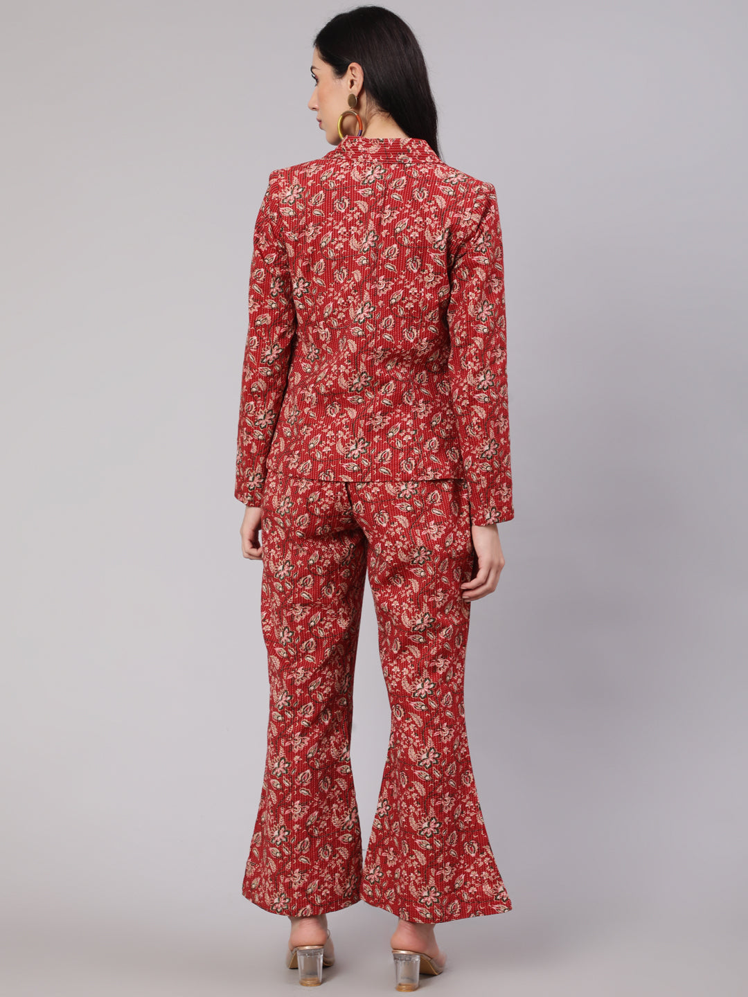 Women's Red Floral Kantha Co Ord Set