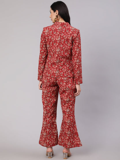 Women's Red Floral Kantha Co Ord Set