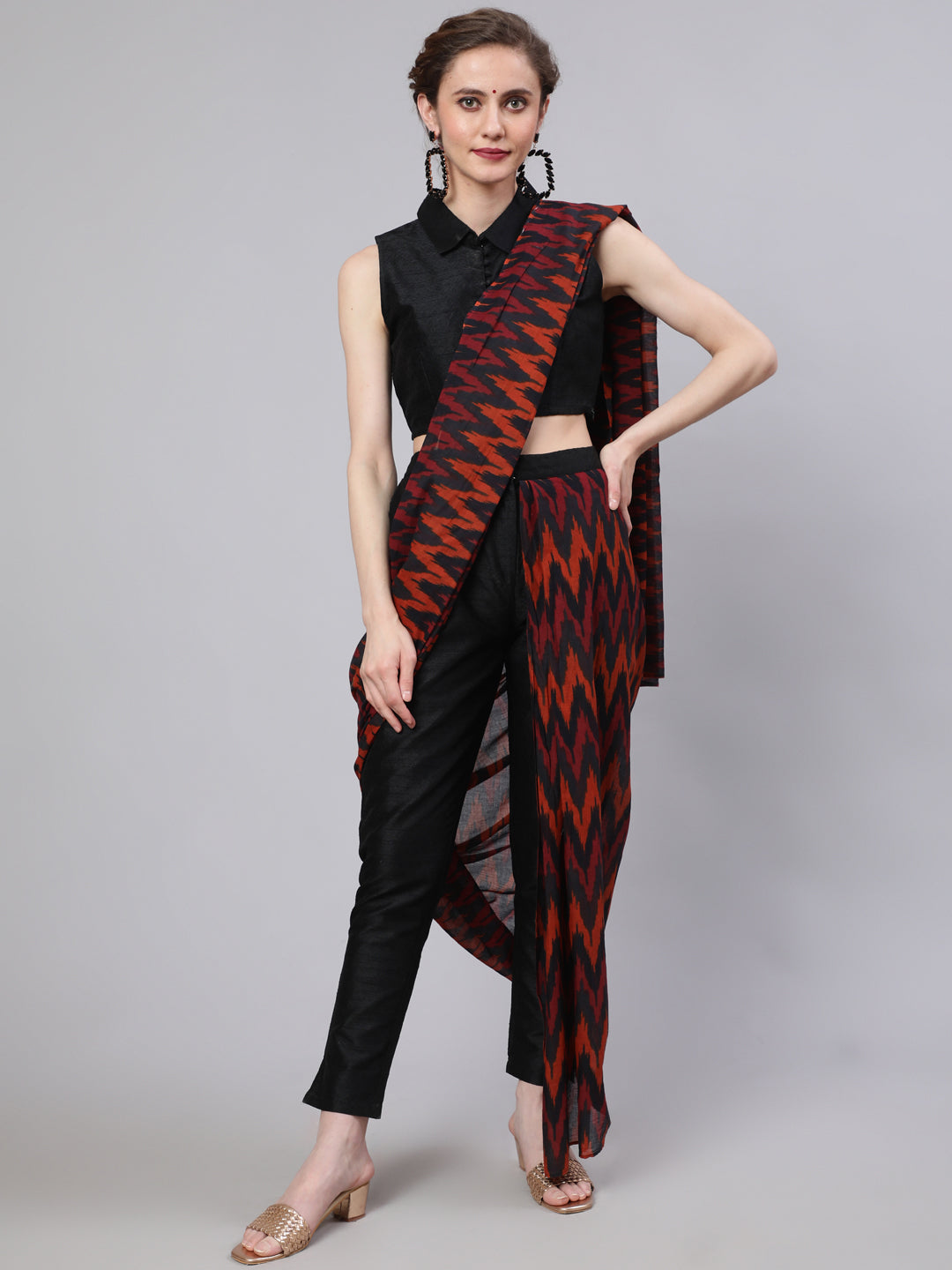 Women's Black Printed Saree Co Ord Set