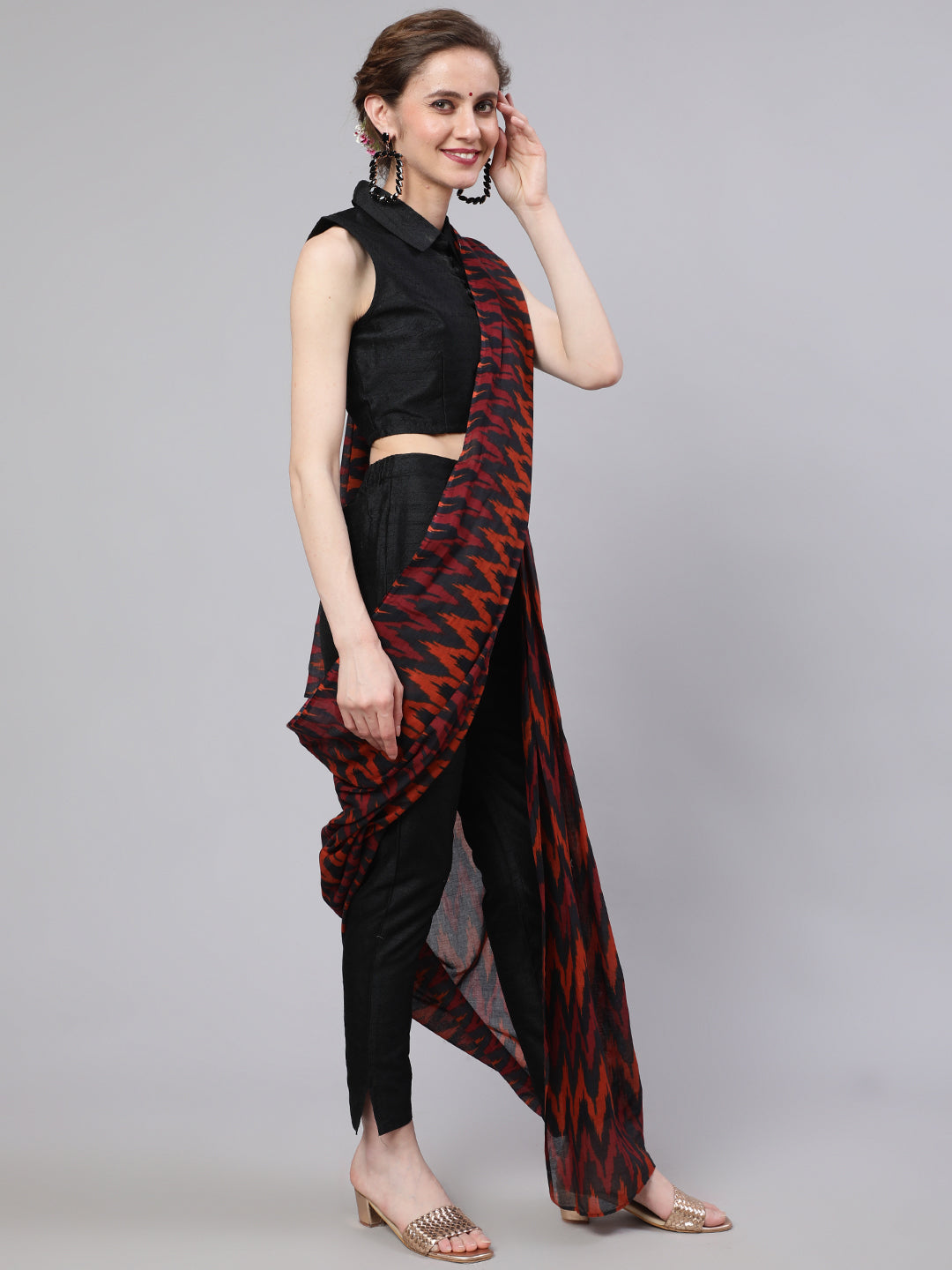 Women's Black Printed Saree Co Ord Set