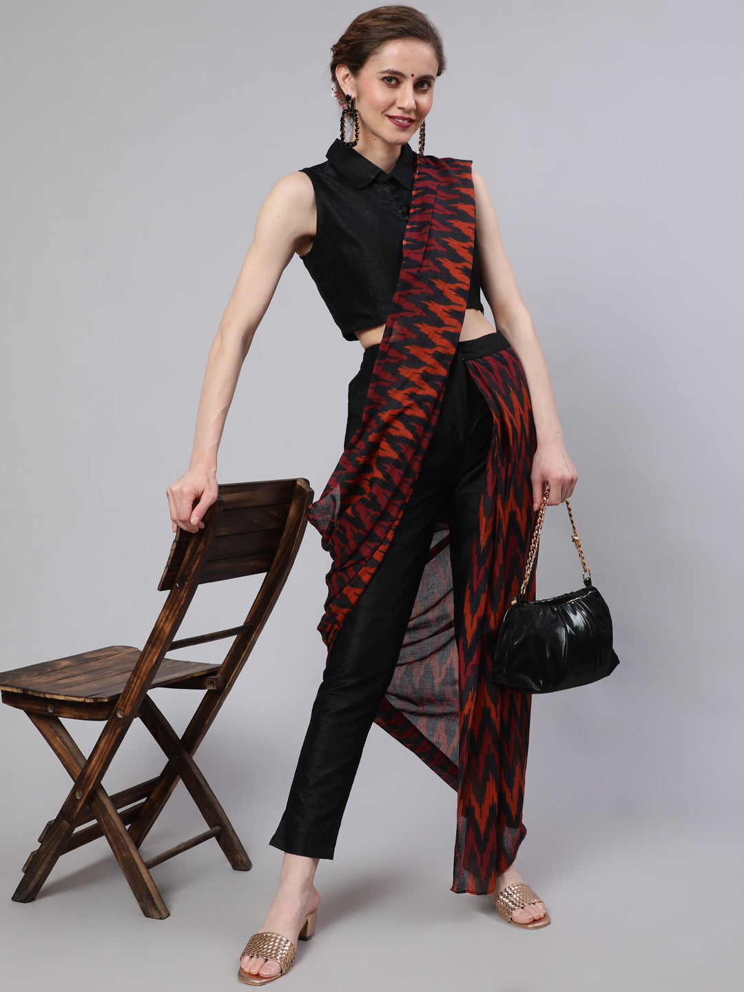 Women's Black Printed Saree Co Ord Set