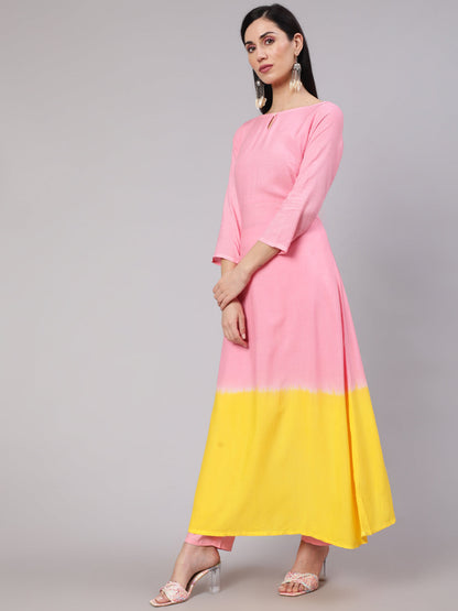 Women's Pink & Yellow Kurta Palazzo With Dupatta