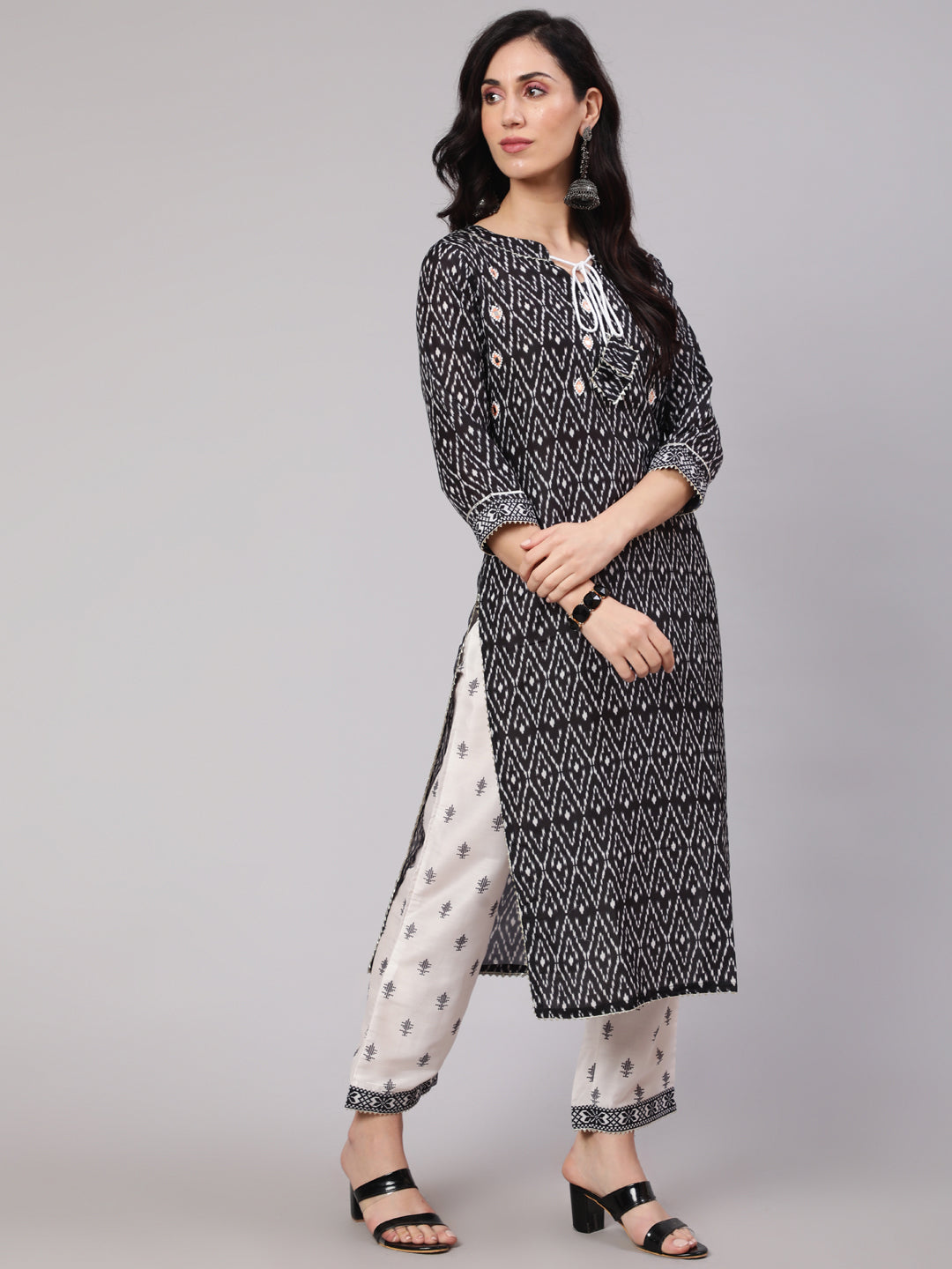 Women's Black & White Geometric Print Kurta Palazzo With Dupatta