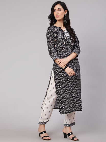 Women's Black & White Geometric Print Kurta Palazzo With Dupatta