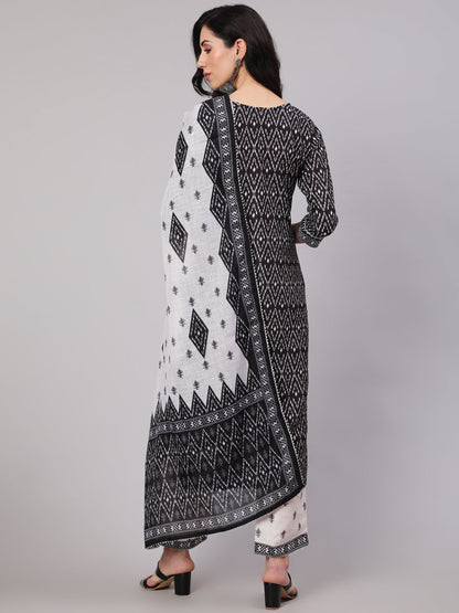 Women's Black & White Geometric Print Kurta Palazzo With Dupatta
