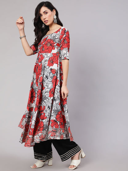Women's White & Red Floral Print Anarkali Palazzo With Dupatta