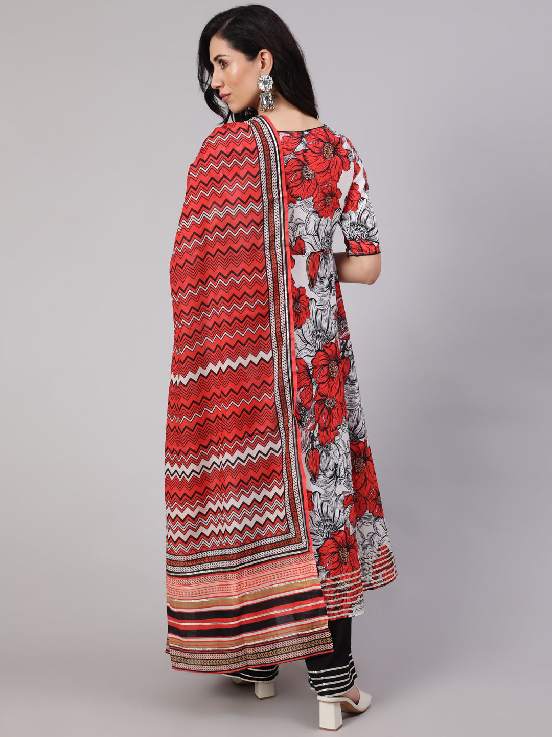 Women's White & Red Floral Print Anarkali Palazzo With Dupatta