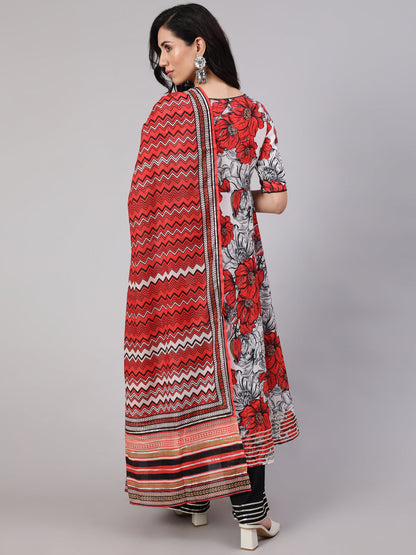 Women's White & Red Floral Print Anarkali Palazzo With Dupatta