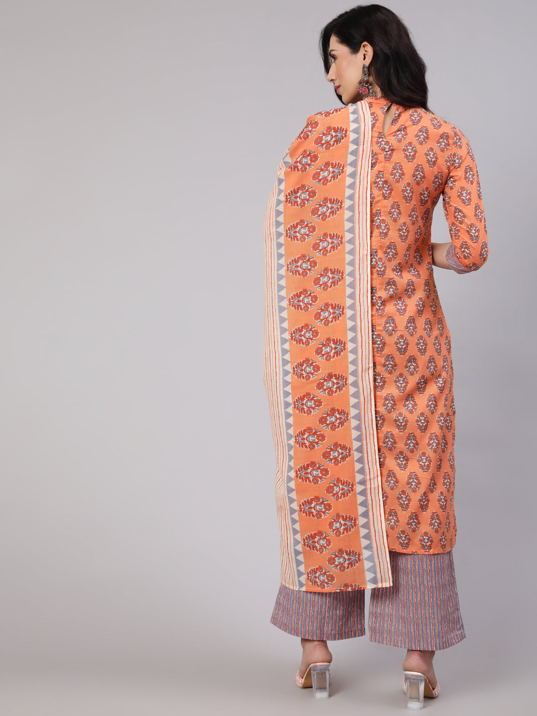 Women's Peach Printed Kurta Palazzo With Dupatta