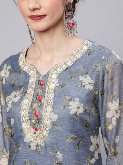 Women's Grey Floral Print Kurta Palazzo With Dupatta