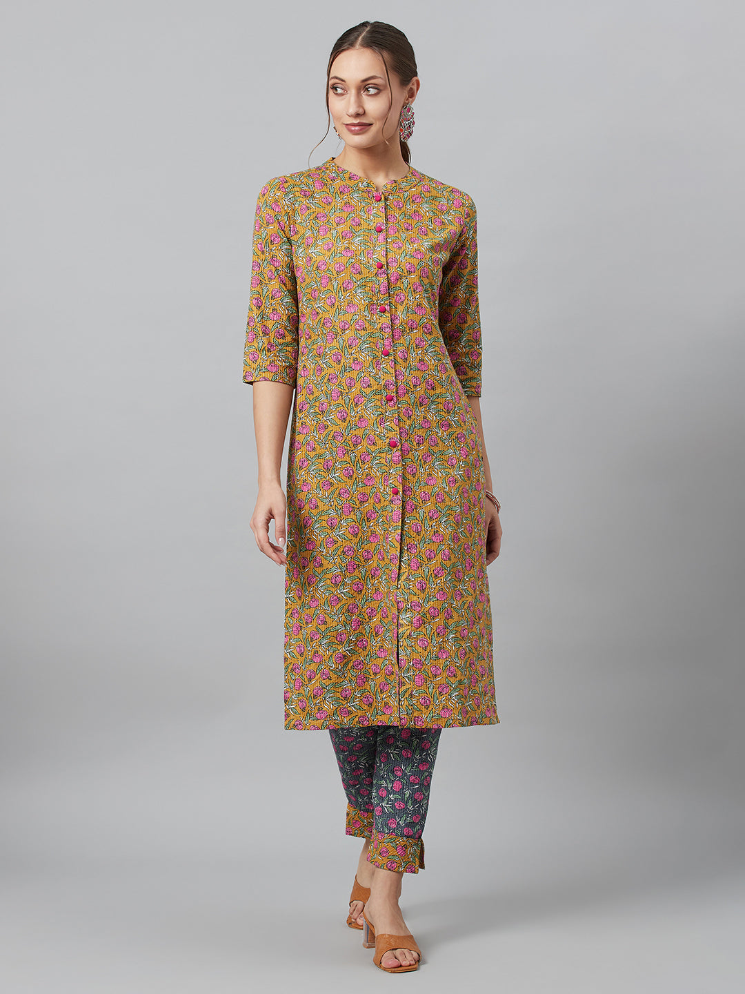 Women's Mustard Floral Print Button Down Cotton Kurta Set