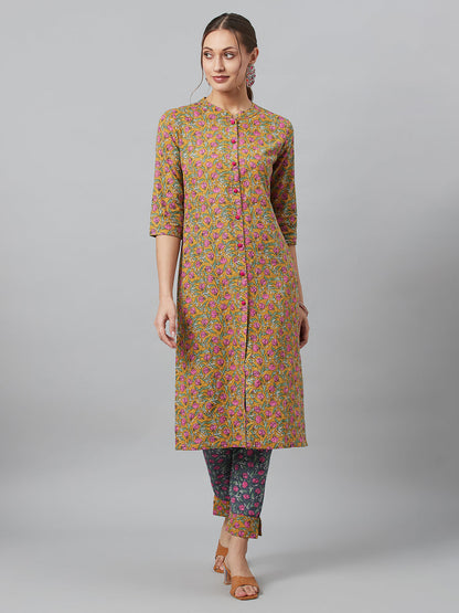 Women's Mustard Floral Print Button Down Cotton Kurta Set