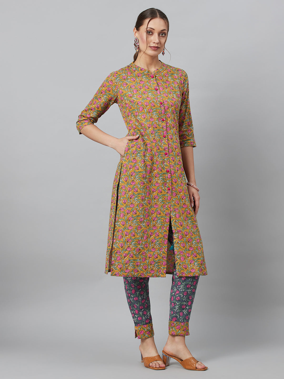 Women's Mustard Floral Print Button Down Cotton Kurta Set