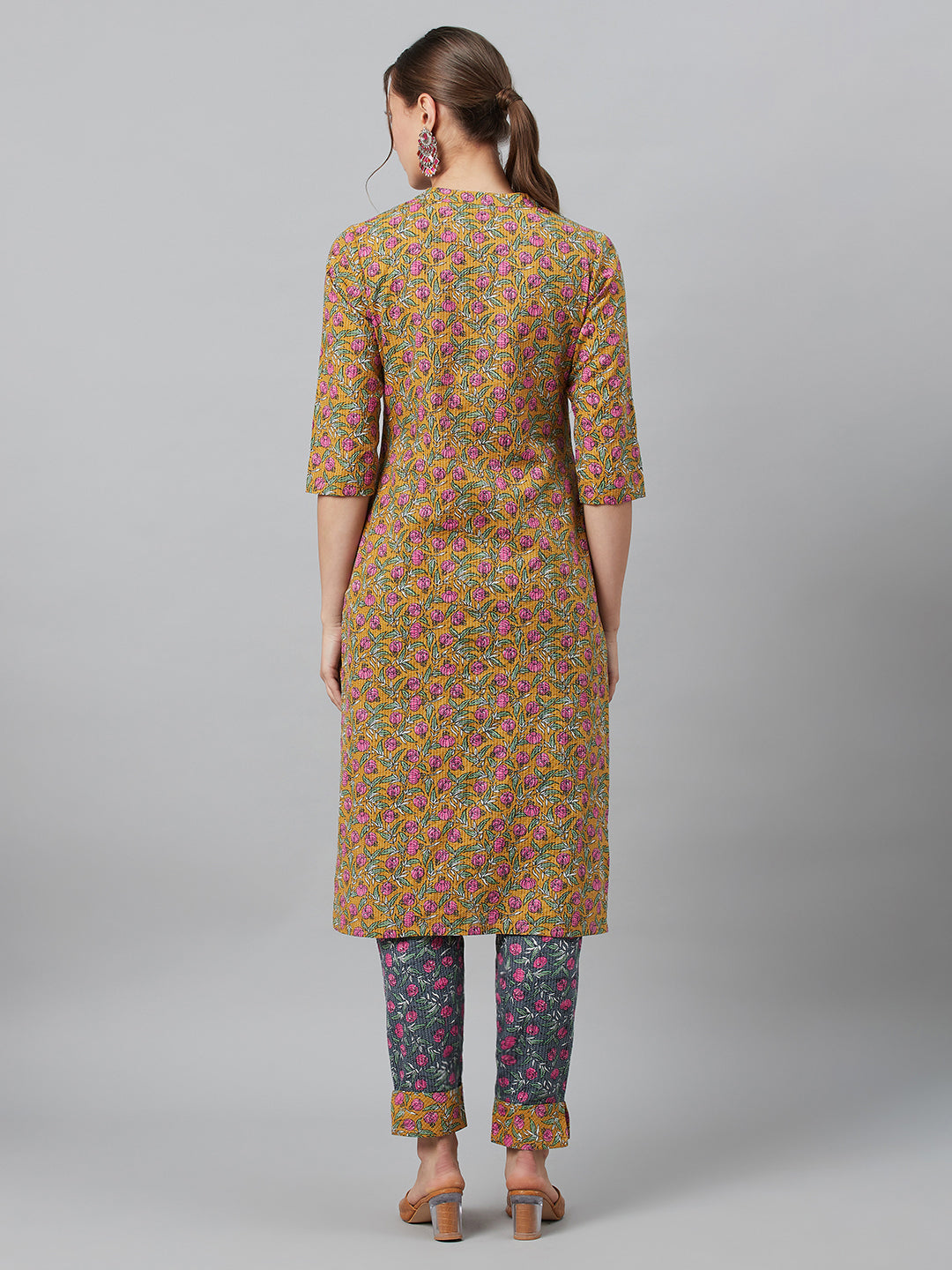 Women's Mustard Floral Print Button Down Cotton Kurta Set