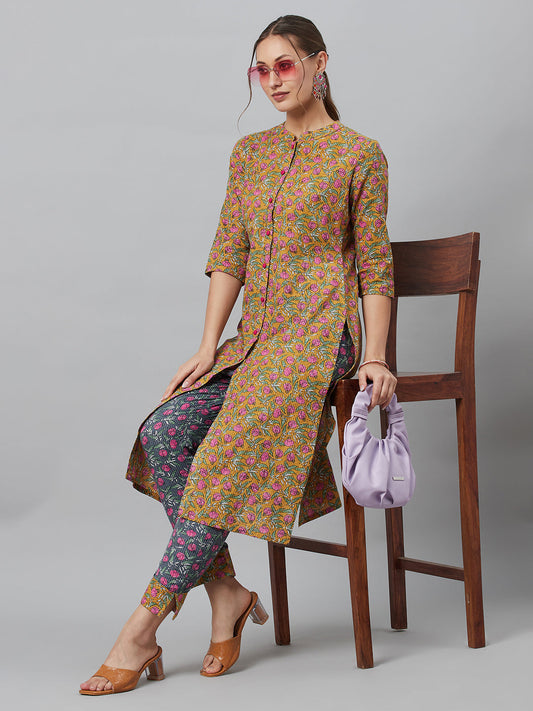 Women's Mustard Floral Print Button Down Cotton Kurta Set