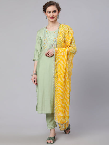 Women's Pastel Green Embroidered Kurta Pant With Dupatta