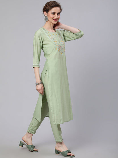 Women's Pastel Green Embroidered Kurta Pant With Dupatta