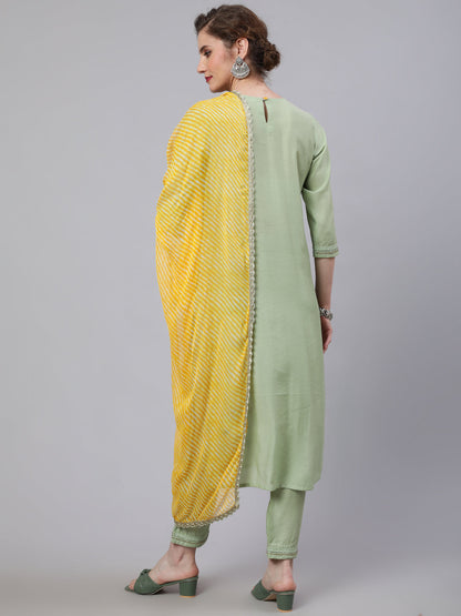Women's Pastel Green Embroidered Kurta Pant With Dupatta