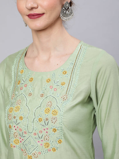 Women's Pastel Green Embroidered Kurta Pant With Dupatta