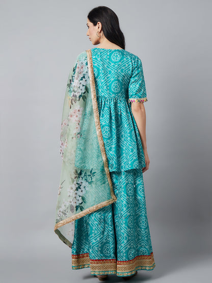 Women's Green Bandhani Print Kurta Sharara With Dupatta