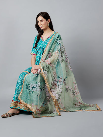 Women's Green Bandhani Print Kurta Sharara With Dupatta
