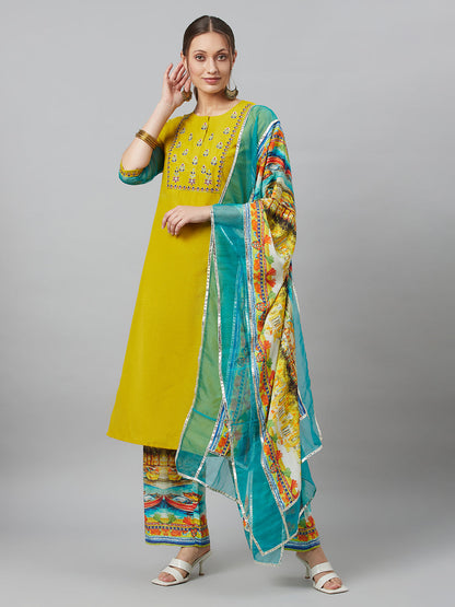 Women's Yellow Embroidered Kurta Palazzo With Dupatta