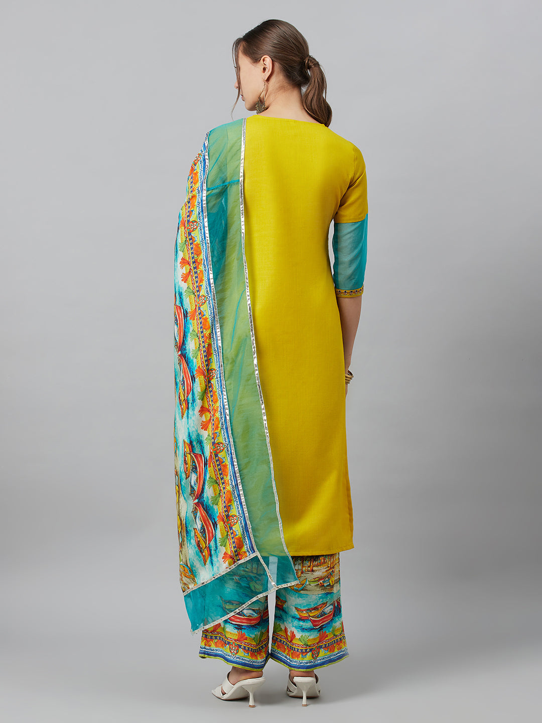 Women's Yellow Embroidered Kurta Palazzo With Dupatta