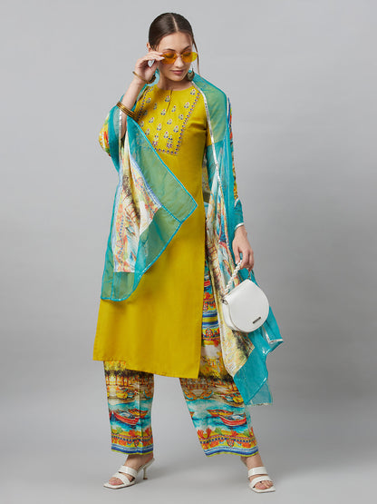 Women's Yellow Embroidered Kurta Palazzo With Dupatta