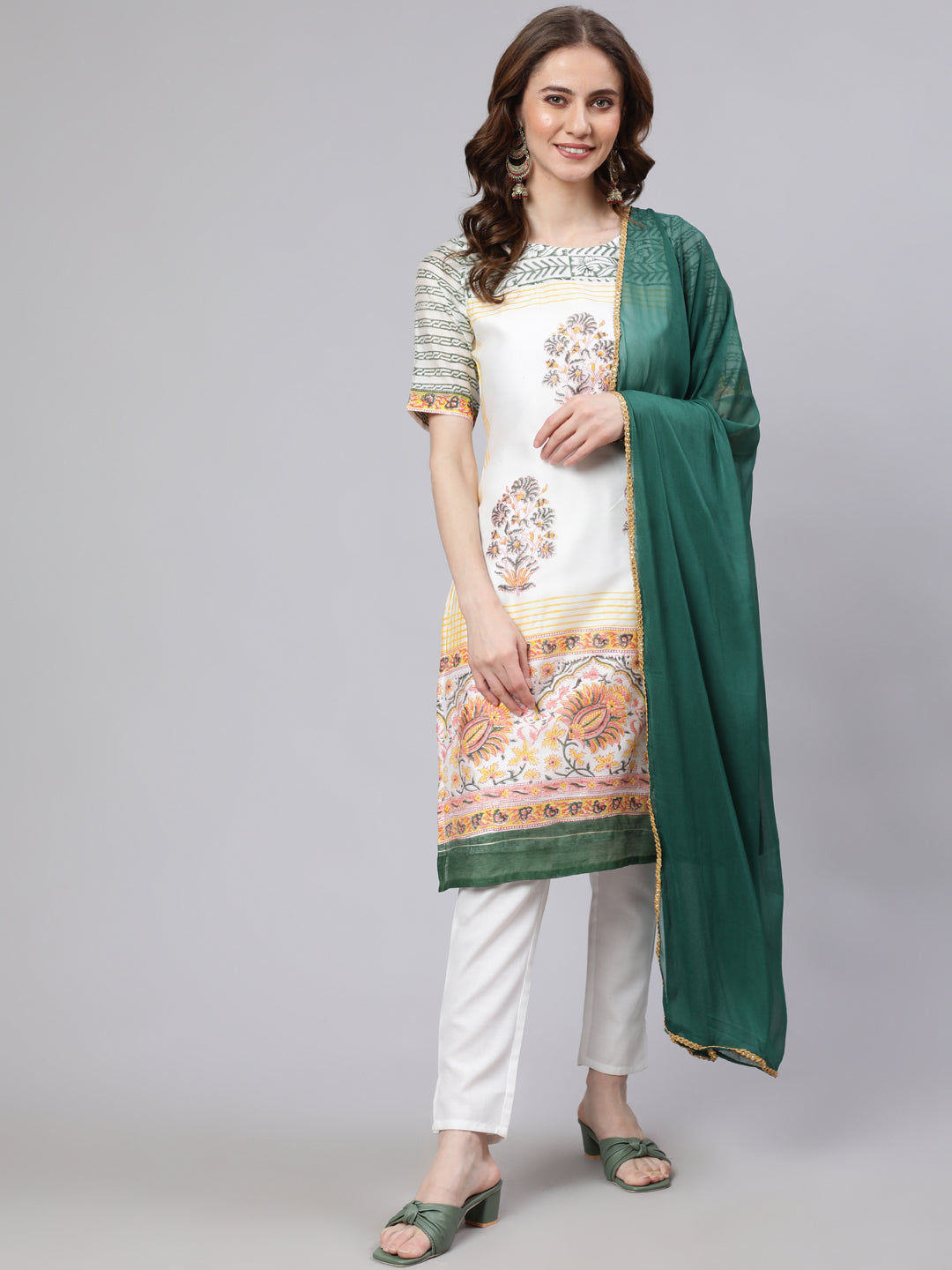 Women's White Block Printed Kurta Set