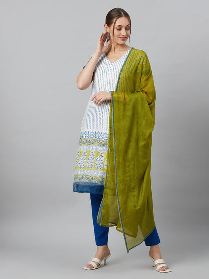 Women's White Printed Kurta Pant With Dupatta
