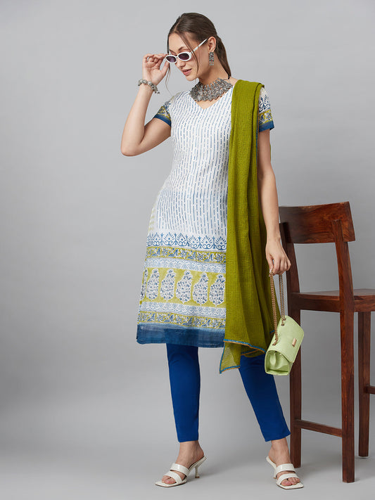 Women's White Printed Kurta Pant With Dupatta