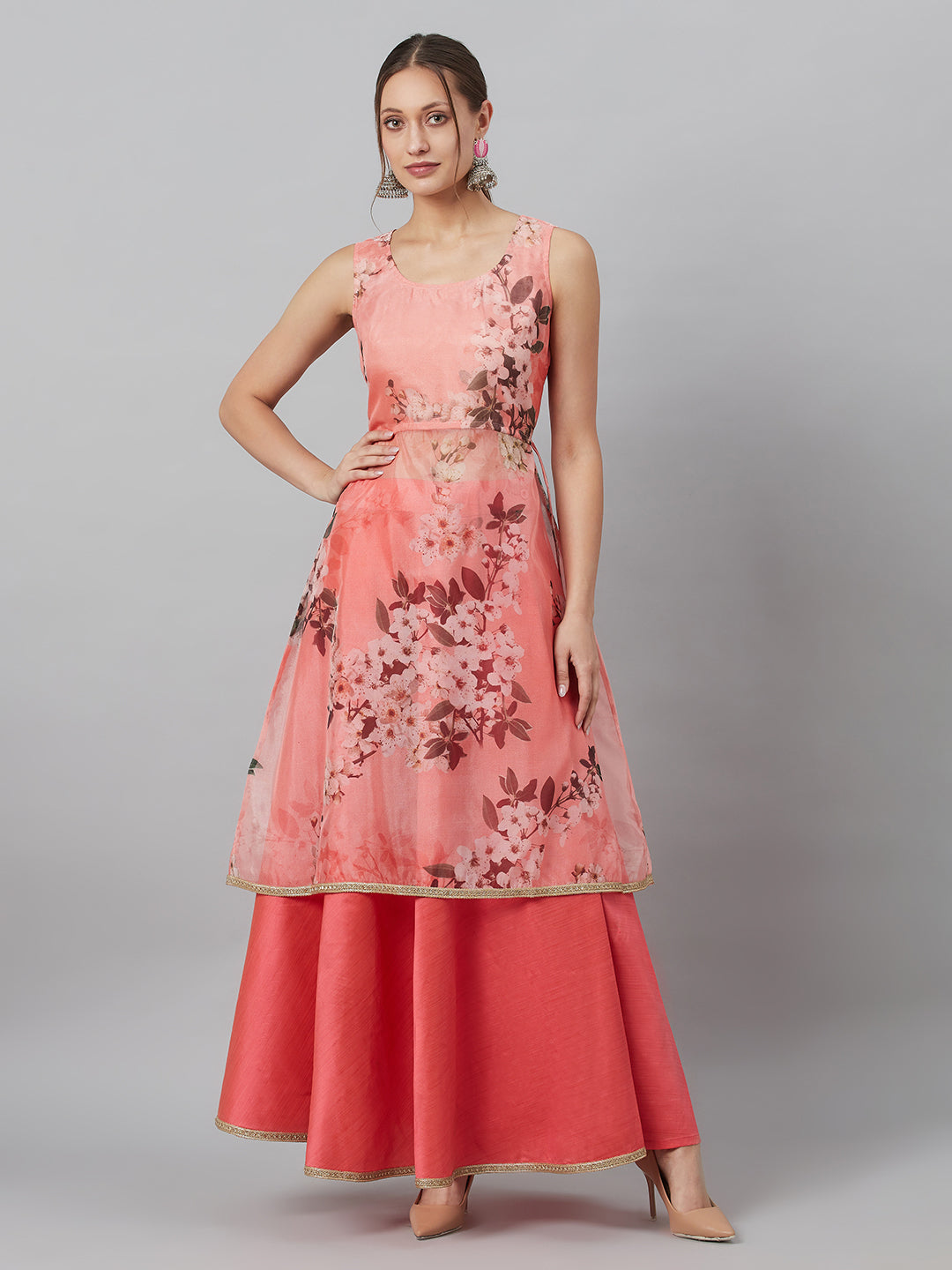 Women's Peach Floral A-line Co Ord Set