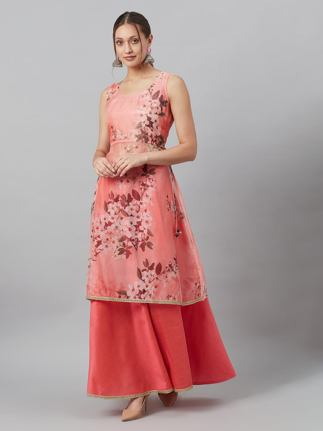 Women's Peach Floral A-line Co Ord Set