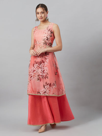 Women's Peach Floral A-line Co Ord Set