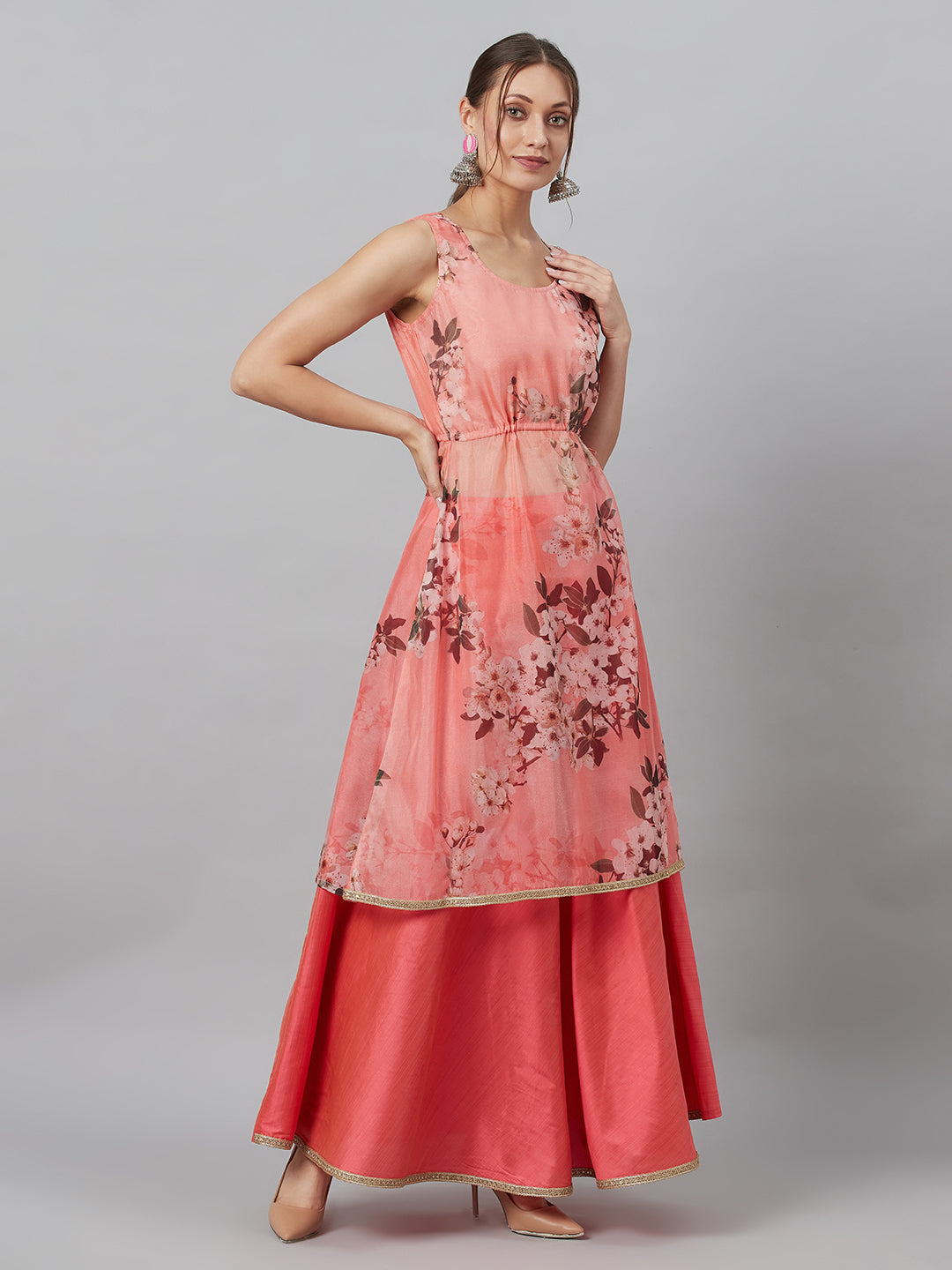 Women's Peach Floral A-line Co Ord Set