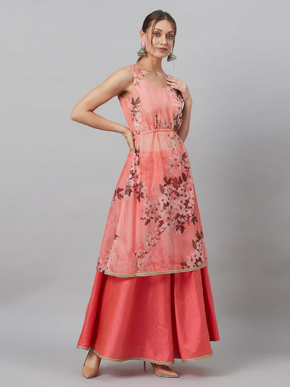 Women's Peach Floral A-line Co Ord Set