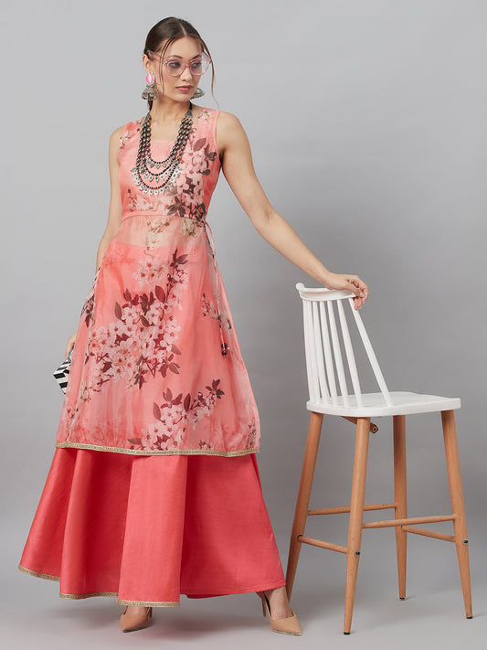 Women's Peach Floral A-line Co Ord Set
