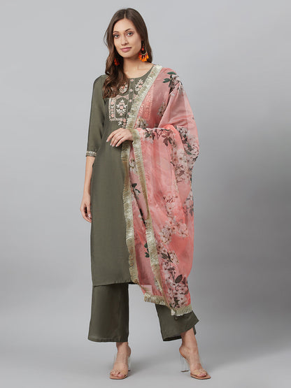 Women's Grey Embroidered Kurta Palazzo With Dupatta
